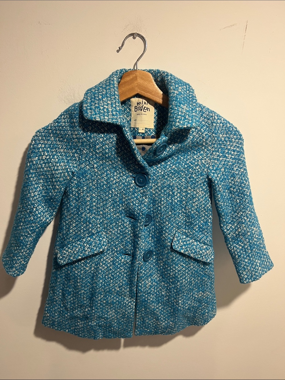Mini Boden Girls' Teal Tweed Pea Coat Size 3-4 Years